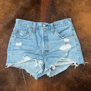 Levi's Light Blue Distressed Denim 501 Shorts